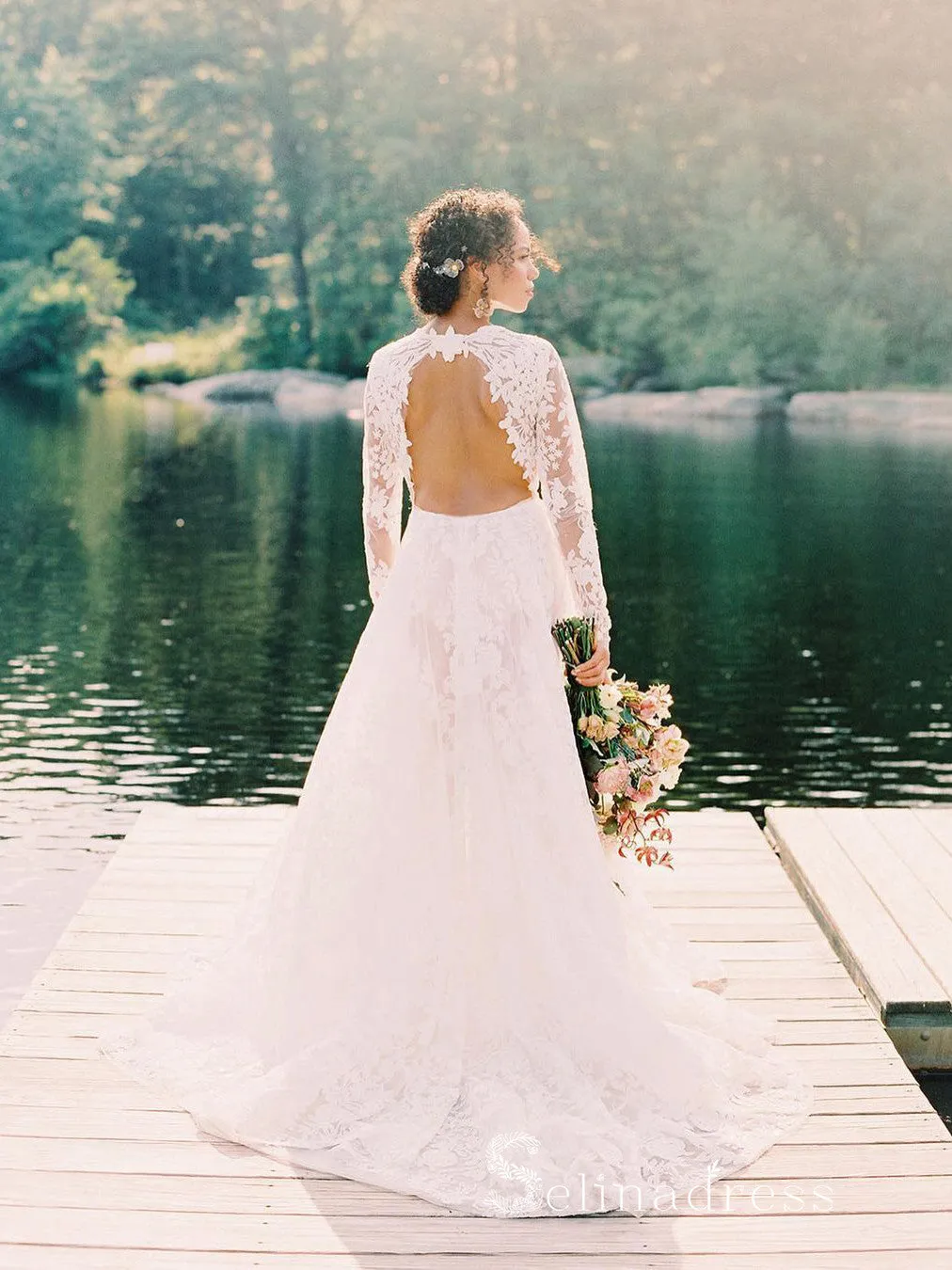 A-line Scoop Long Sleeve Lace Wedding Dresses Open Back Rustic Forest Bridal Gowns CBD356