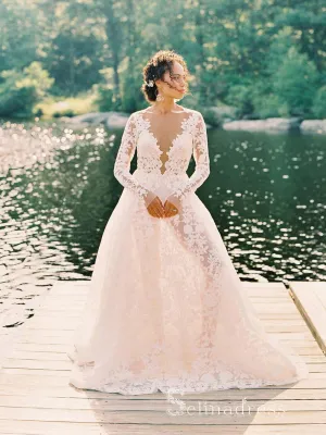 A-line Scoop Long Sleeve Lace Wedding Dresses Open Back Rustic Forest Bridal Gowns CBD356