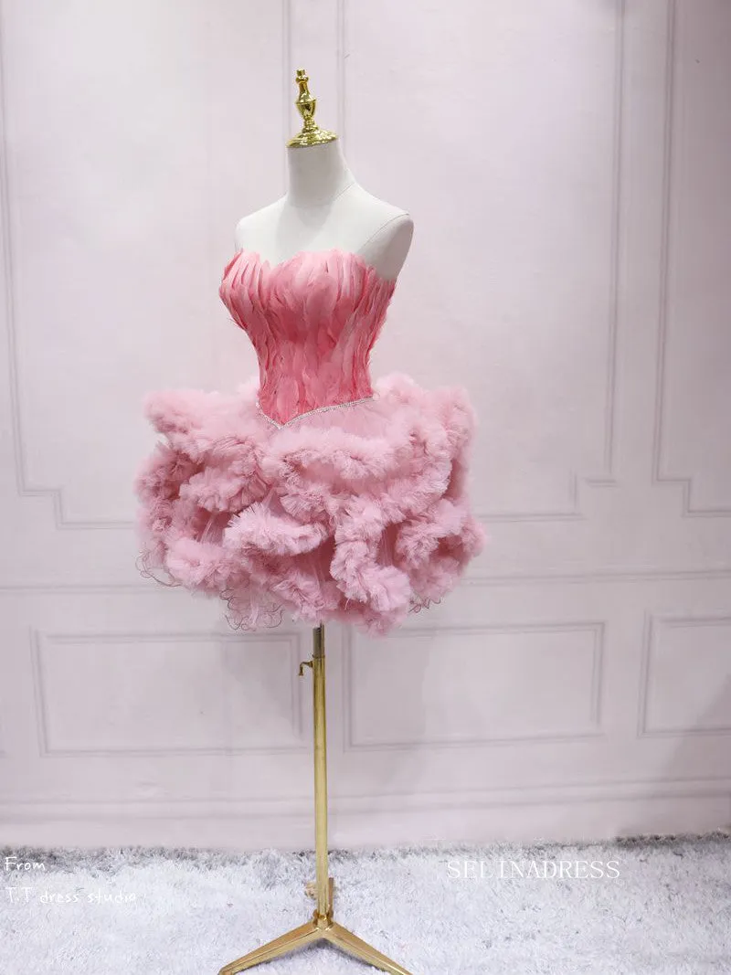 A-line Sweetheart Cute Short Homecoming Dress Feather Short Prom Dresses EDS039