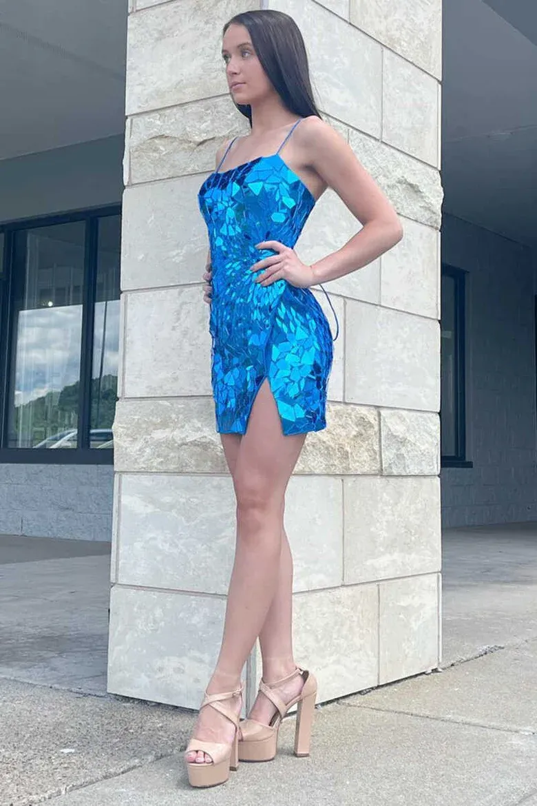 Blue Cut Glass Mirror Straps Mini Homecoming Dress with Slit #TKL0137
