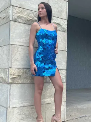 Blue Cut Glass Mirror Straps Mini Homecoming Dress with Slit #TKL0137
