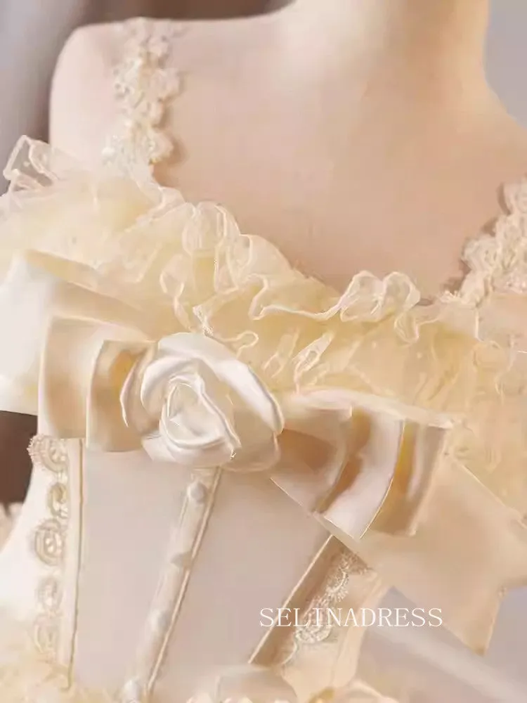 Champagne Lace Straps Hand made flower Cocktail Dress Cute Homecoming Dresses #ALI0024
