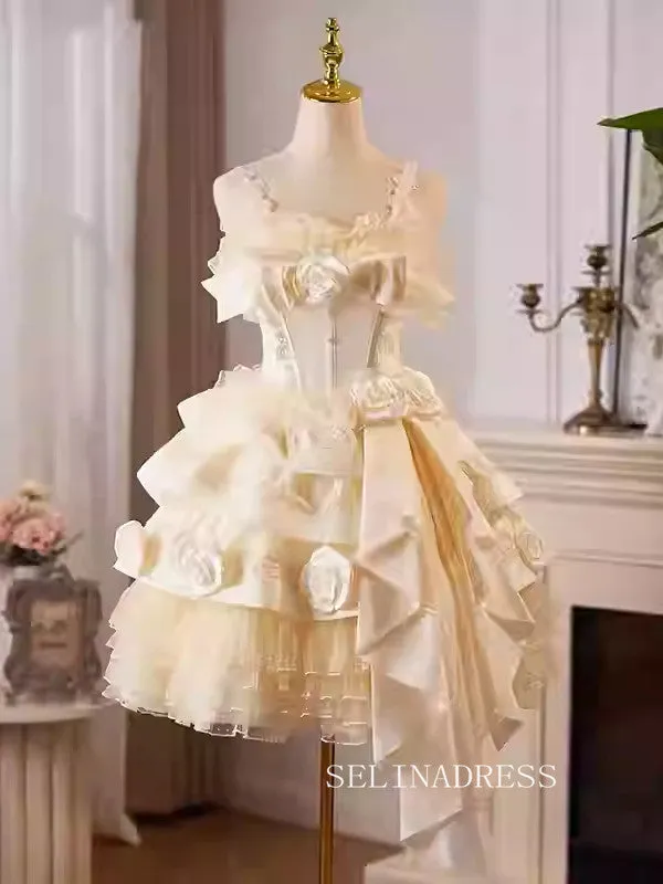 Champagne Lace Straps Hand made flower Cocktail Dress Cute Homecoming Dresses #ALI0024