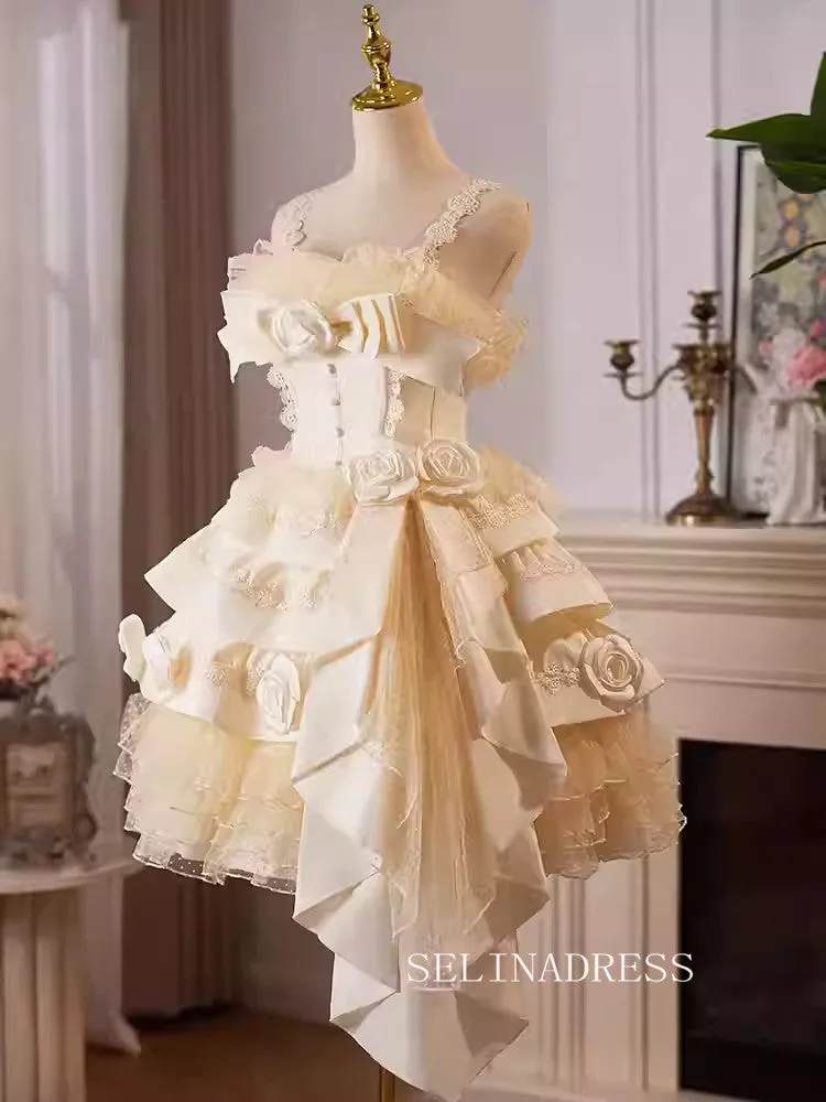 Champagne Lace Straps Hand made flower Cocktail Dress Cute Homecoming Dresses #ALI0024