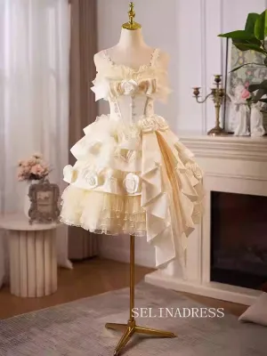 Champagne Lace Straps Hand made flower Cocktail Dress Cute Homecoming Dresses #ALI0024