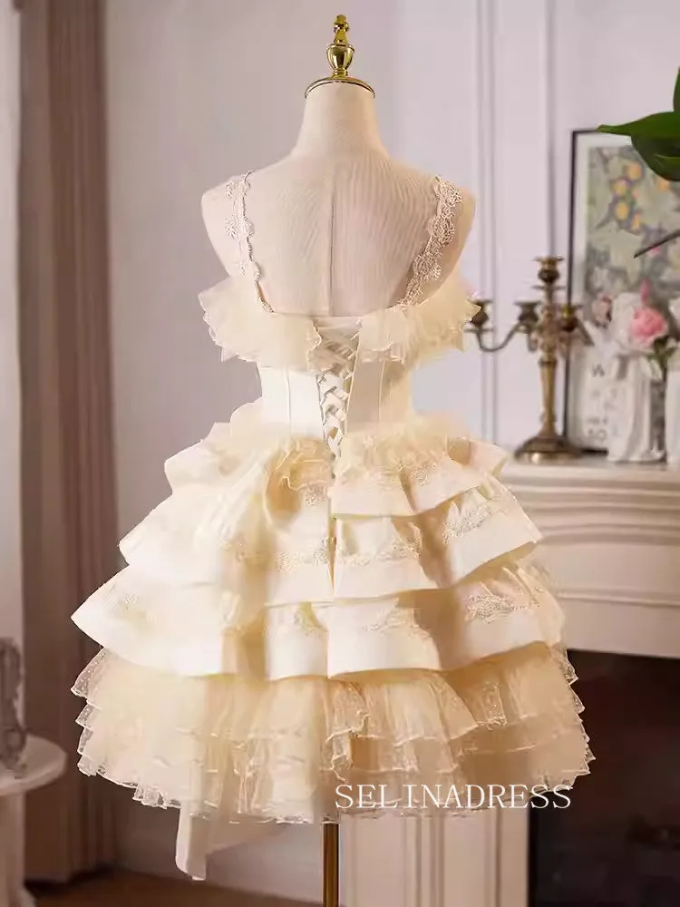Champagne Lace Straps Hand made flower Cocktail Dress Cute Homecoming Dresses #ALI0024