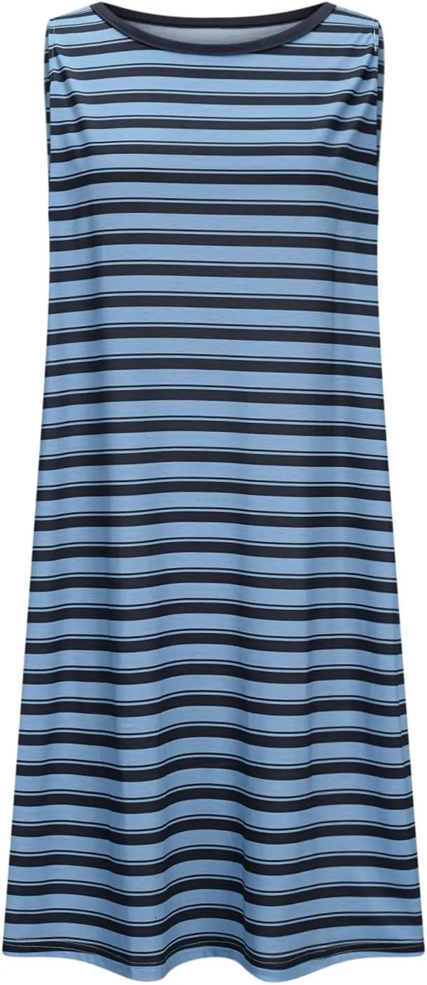 hlysgo Mini Dresses for Women 2025 Summer Sleeveless Crew Neck Beach Sundress Knee Length Stripes Coverup Dress with Pockets