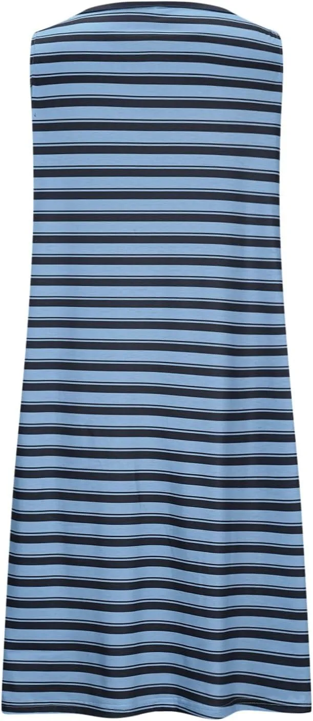 hlysgo Mini Dresses for Women 2025 Summer Sleeveless Crew Neck Beach Sundress Knee Length Stripes Coverup Dress with Pockets