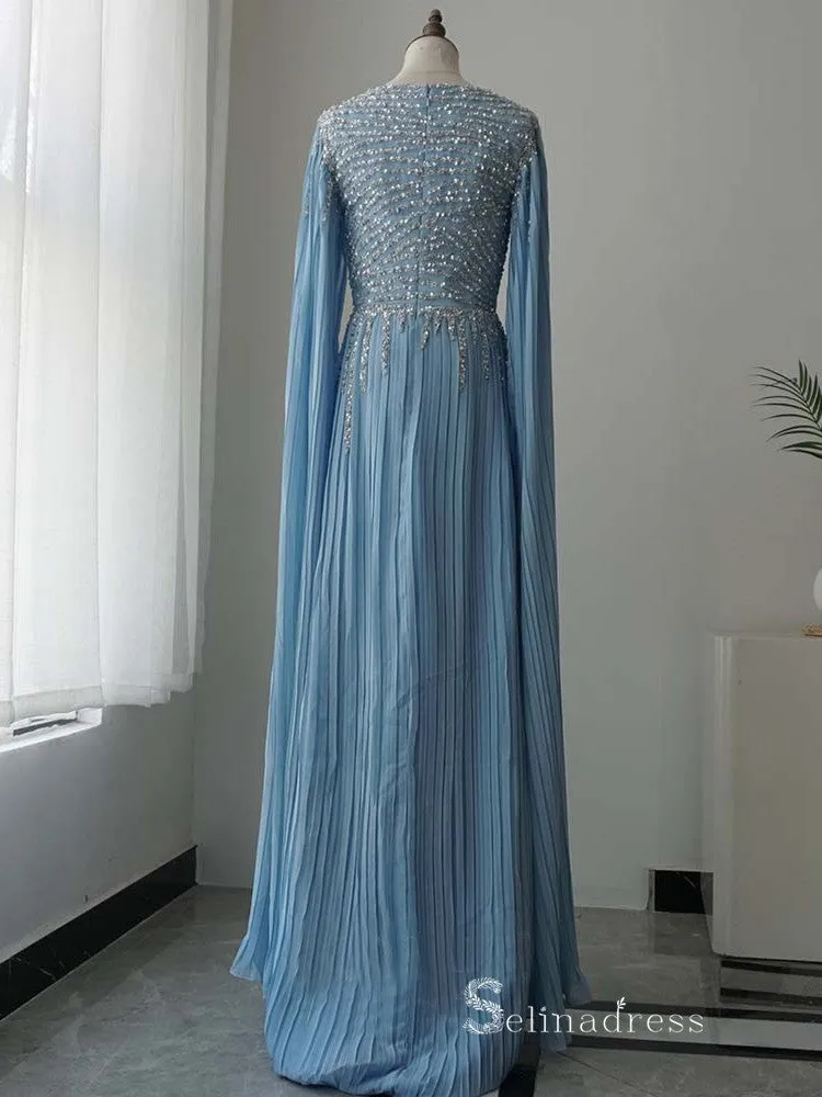 luxury A-line Bateau Long Sleeve Light Sky Blue Long Prom Dress Evening Dress MLH0472