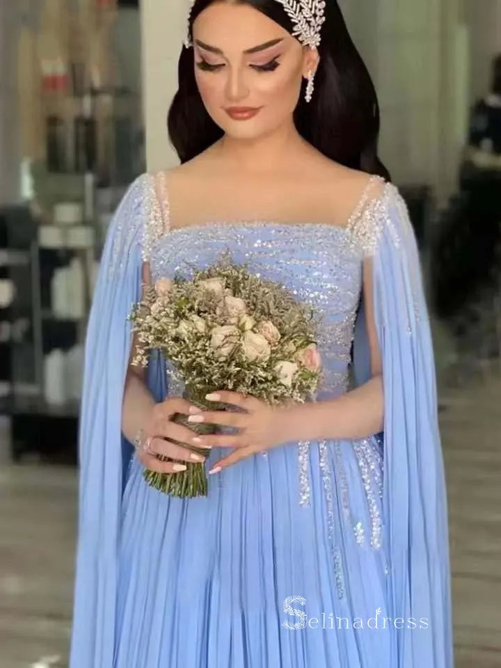 luxury A-line Bateau Long Sleeve Light Sky Blue Long Prom Dress Evening Dress MLH0472