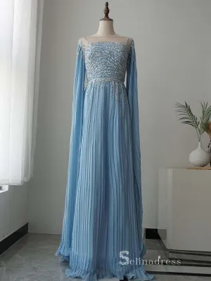 luxury A-line Bateau Long Sleeve Light Sky Blue Long Prom Dress Evening Dress MLH0472