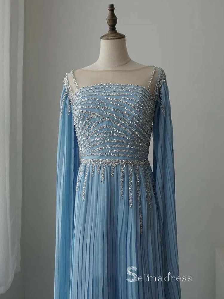 luxury A-line Bateau Long Sleeve Light Sky Blue Long Prom Dress Evening Dress MLH0472