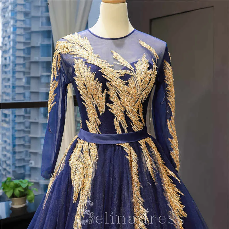 Luxury Navy Blue Long Sleeves Evening Dresses Beading Scoop Neck Formal Gowns #SED216