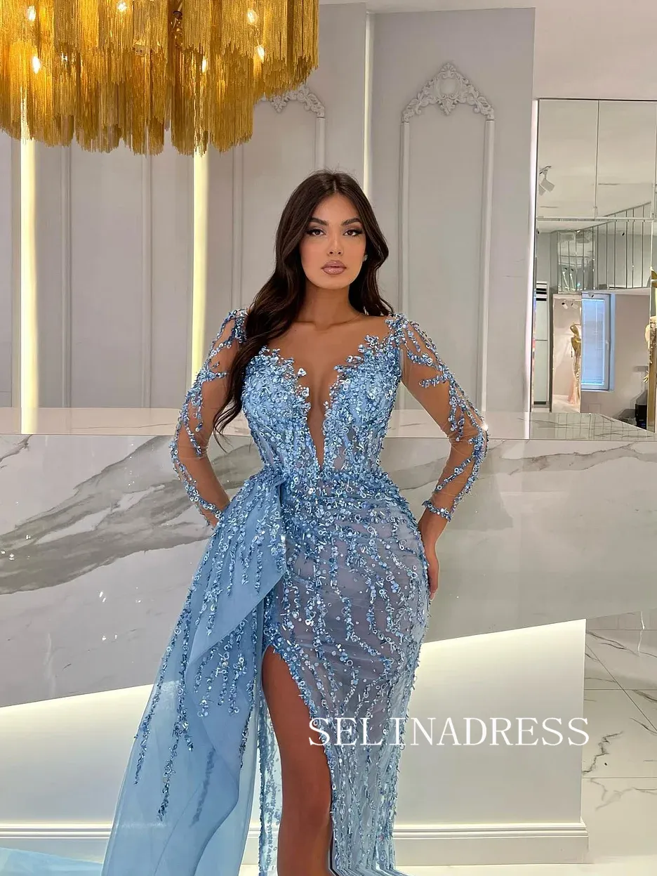 Mermaid Deep V neck Long Sleeve Full Beaded Evening Dresses Sky Blue Evening Gown TKH006