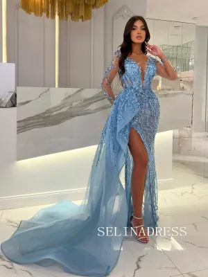 Mermaid Deep V neck Long Sleeve Full Beaded Evening Dresses Sky Blue Evening Gown TKH006