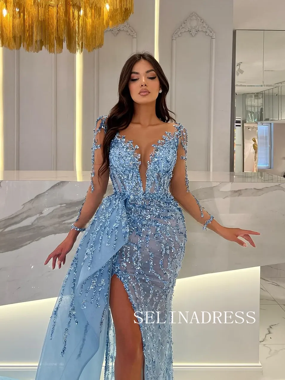 Mermaid Deep V neck Long Sleeve Full Beaded Evening Dresses Sky Blue Evening Gown TKH006