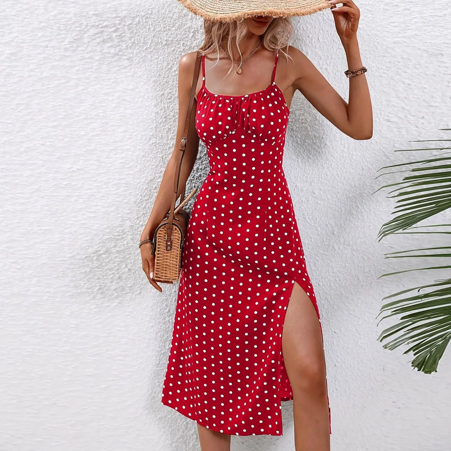 Sundresses for Women 2024 Sexy Boho Spaghetti Strap Polka Dot Tank Dress Flowy High Side Split Long Maxi Dresses