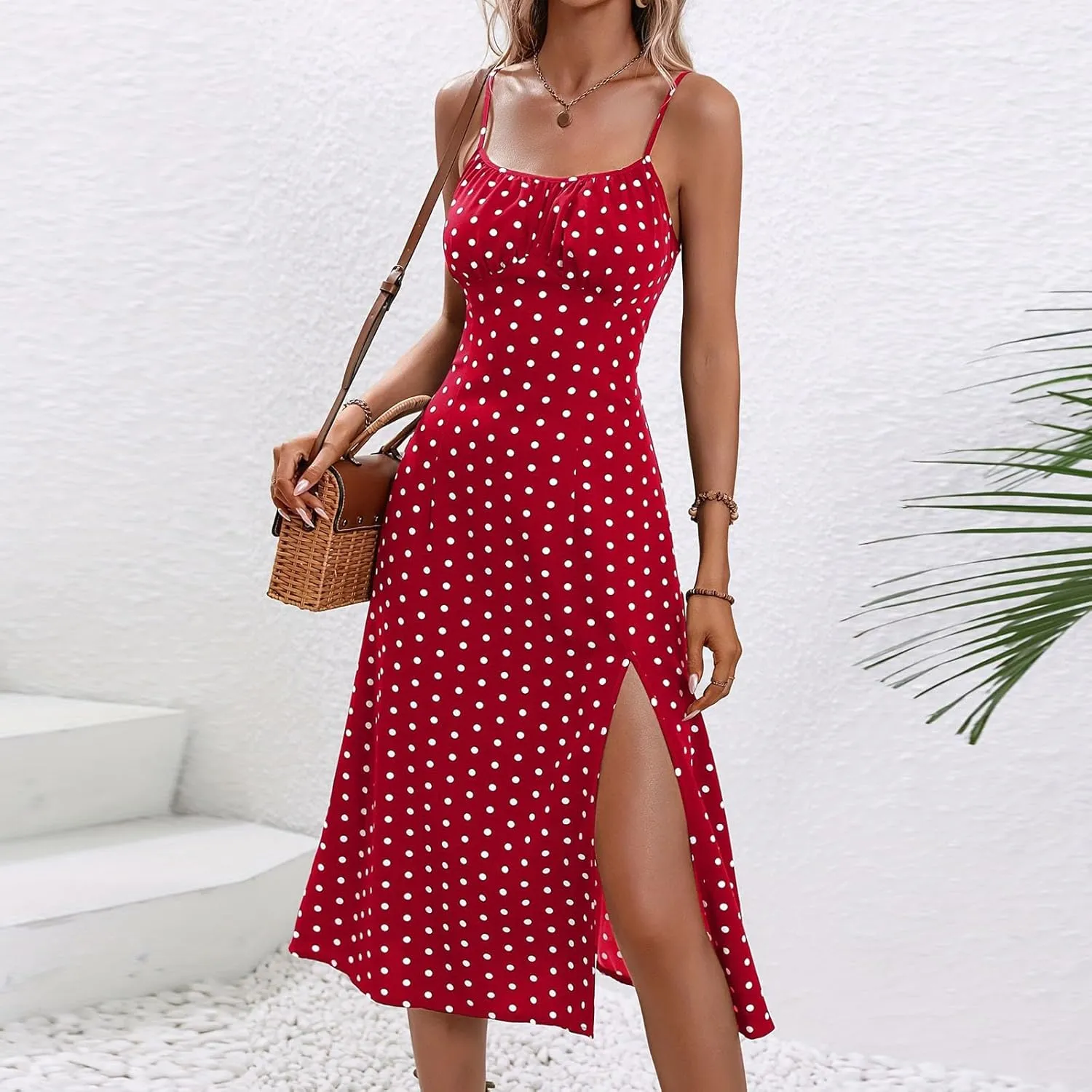 Sundresses for Women 2024 Sexy Boho Spaghetti Strap Polka Dot Tank Dress Flowy High Side Split Long Maxi Dresses