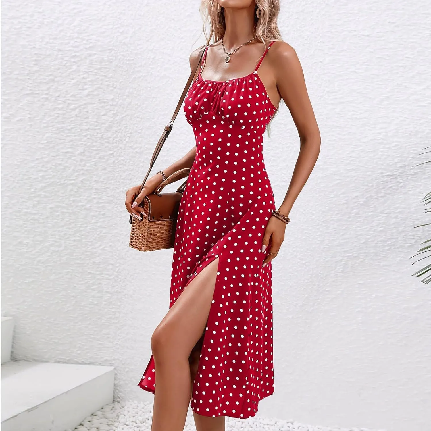 Sundresses for Women 2024 Sexy Boho Spaghetti Strap Polka Dot Tank Dress Flowy High Side Split Long Maxi Dresses