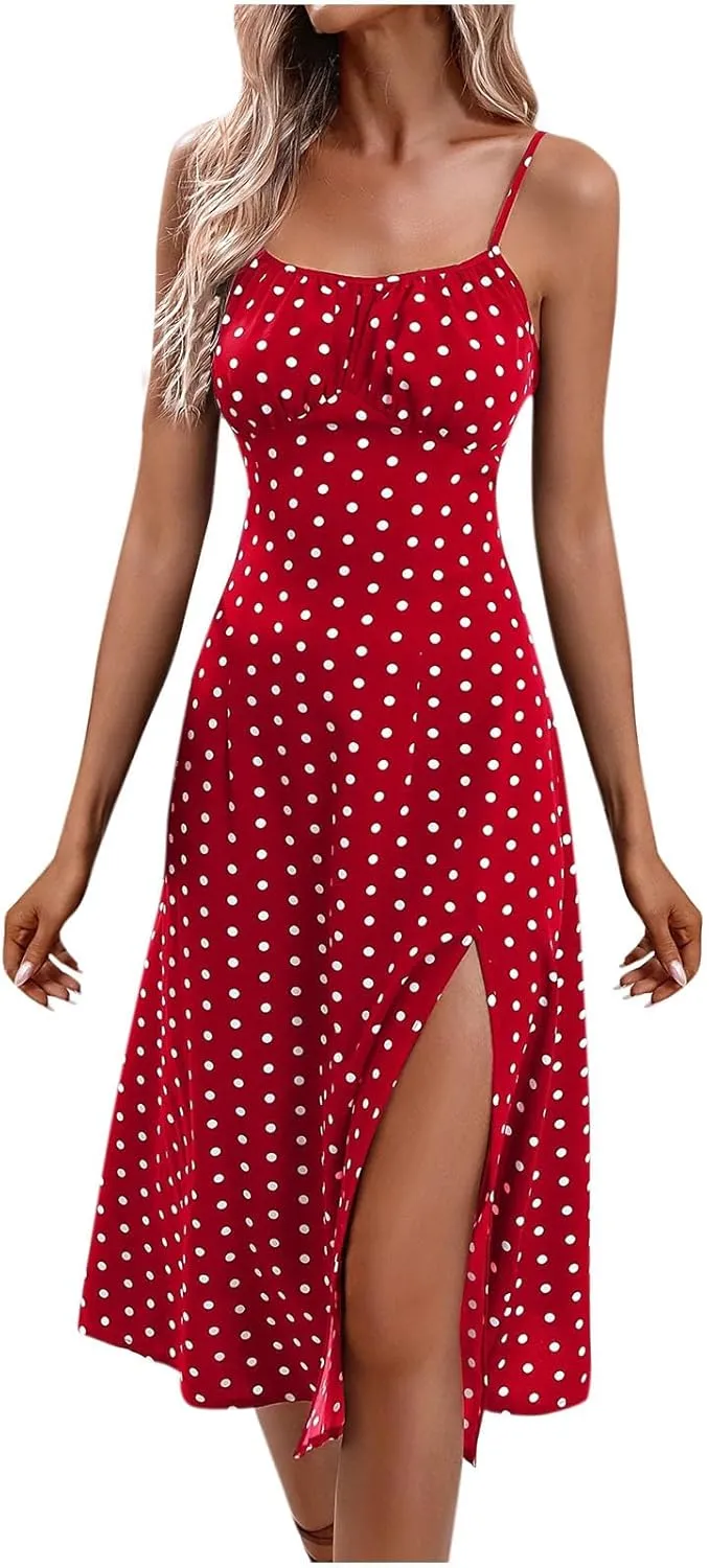 Sundresses for Women 2024 Sexy Boho Spaghetti Strap Polka Dot Tank Dress Flowy High Side Split Long Maxi Dresses