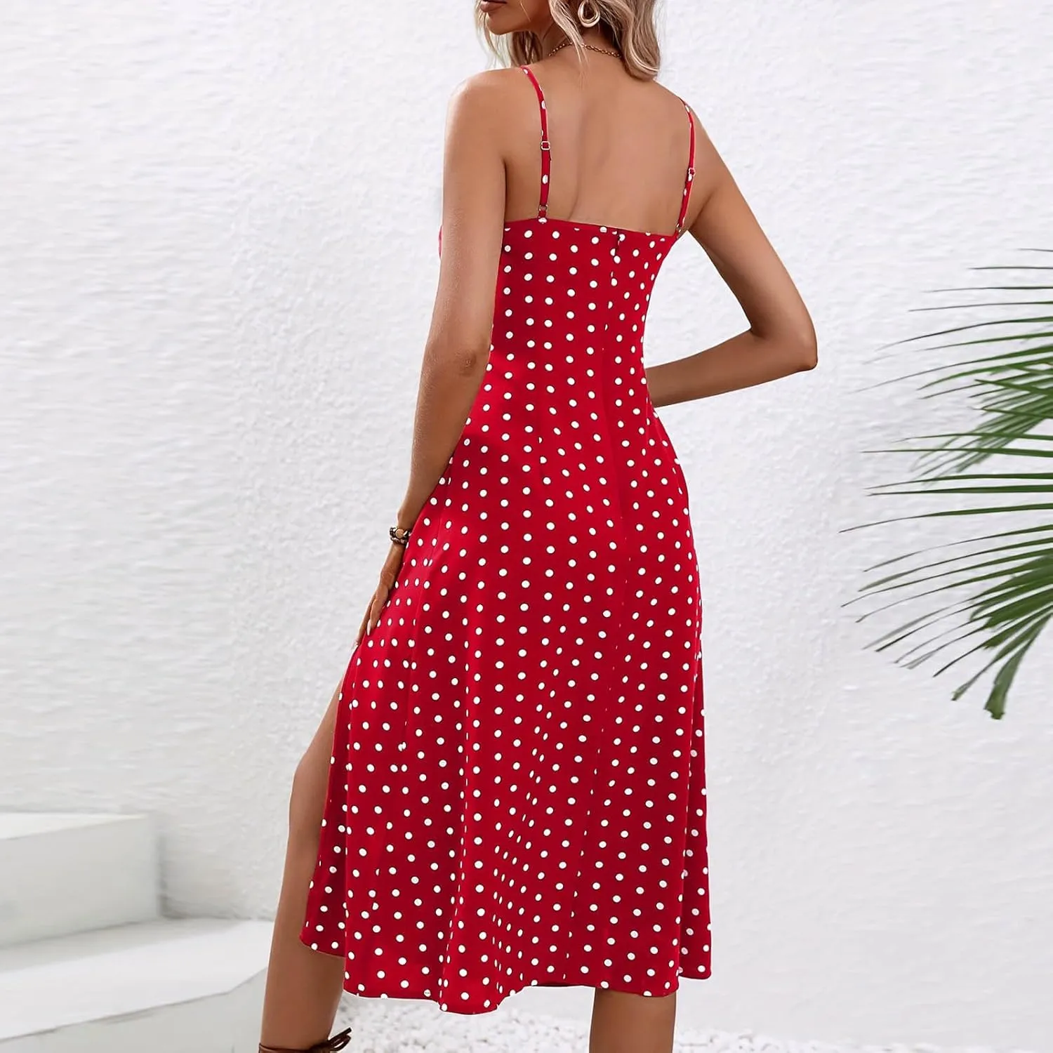 Sundresses for Women 2024 Sexy Boho Spaghetti Strap Polka Dot Tank Dress Flowy High Side Split Long Maxi Dresses