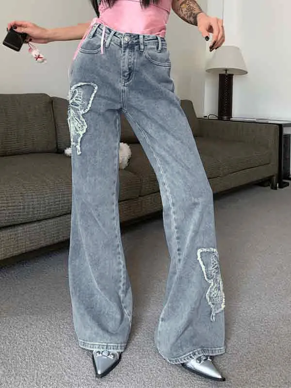 Wenkouban Flared trousers with butterfly embroidery