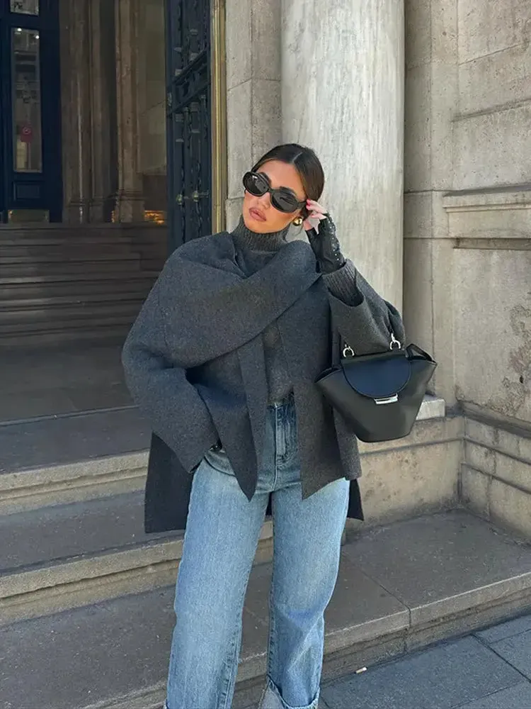 Women Fashion Scarf Decorated Woolen Jacket Casual Solid Long Sleeve