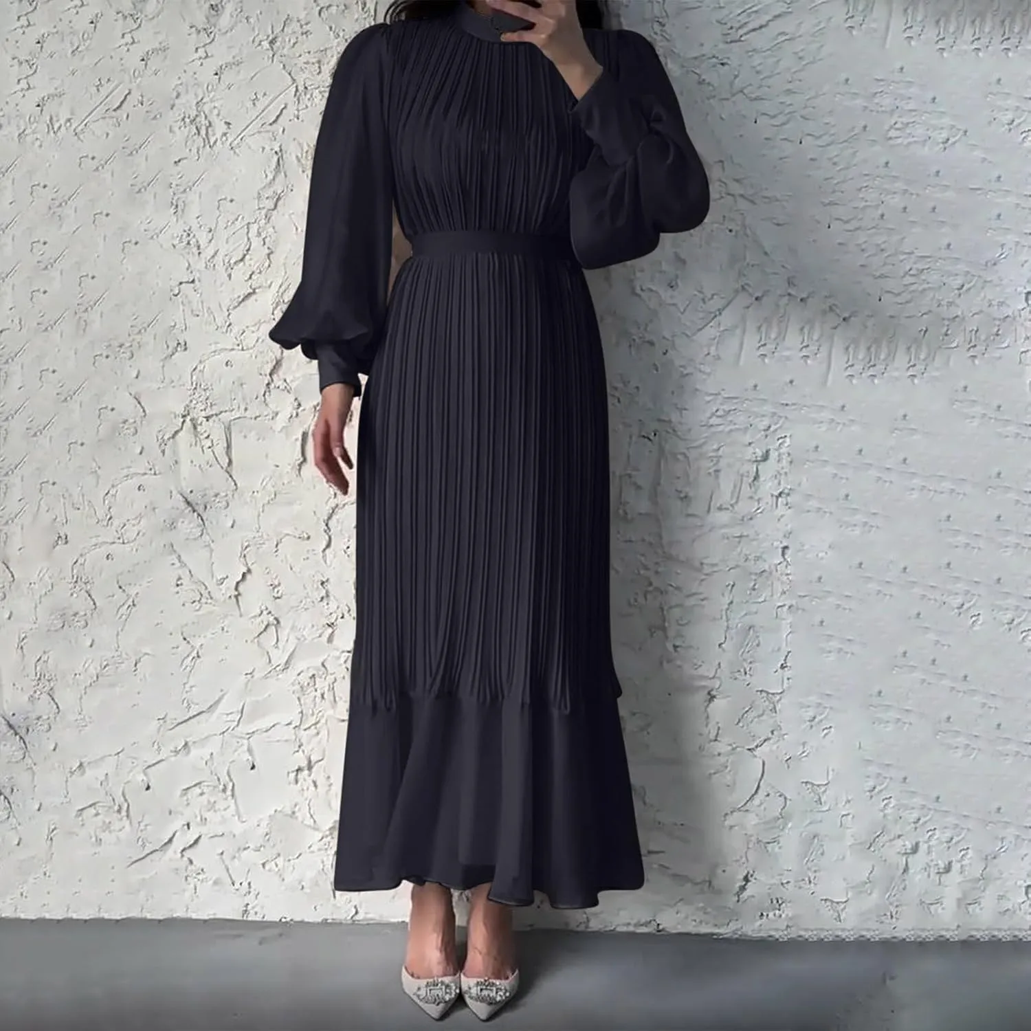 Women's Elegant Crewneck Puff Long Sleeve A-Line Dress 2024 Fall Midi Dress Pleated Skirt Fashion Flowy Dress