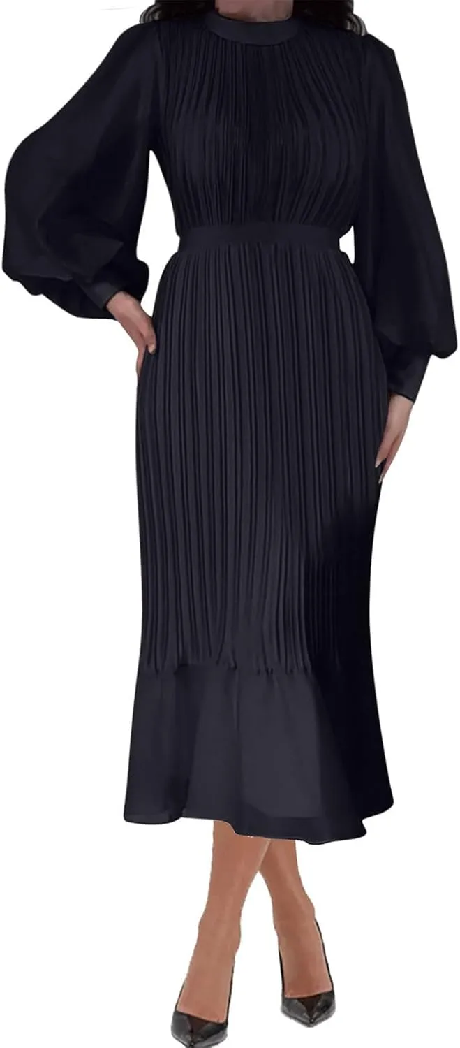 Women's Elegant Crewneck Puff Long Sleeve A-Line Dress 2024 Fall Midi Dress Pleated Skirt Fashion Flowy Dress