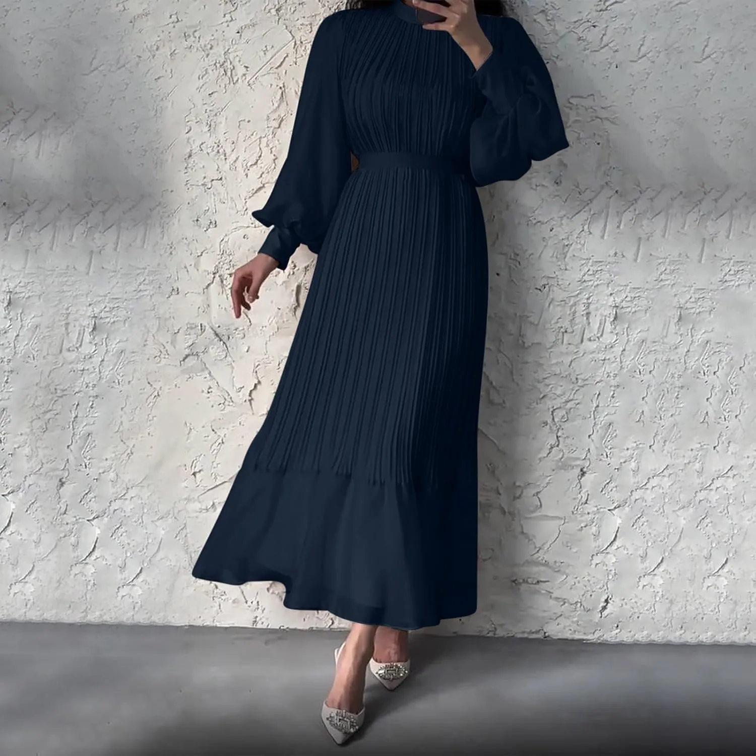 Women's Elegant Crewneck Puff Long Sleeve A-Line Dress 2024 Fall Midi Dress Pleated Skirt Fashion Flowy Dress