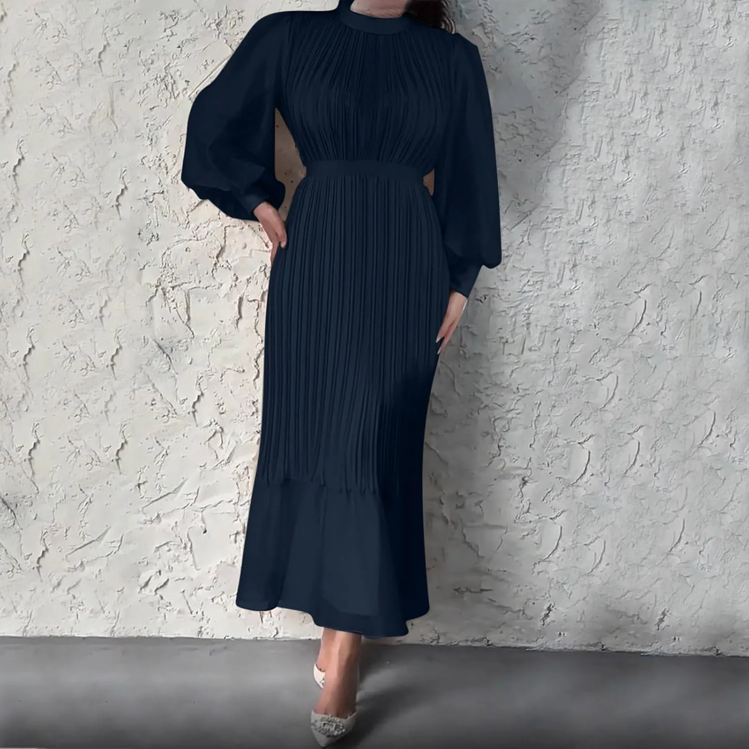 Women's Elegant Crewneck Puff Long Sleeve A-Line Dress 2024 Fall Midi Dress Pleated Skirt Fashion Flowy Dress