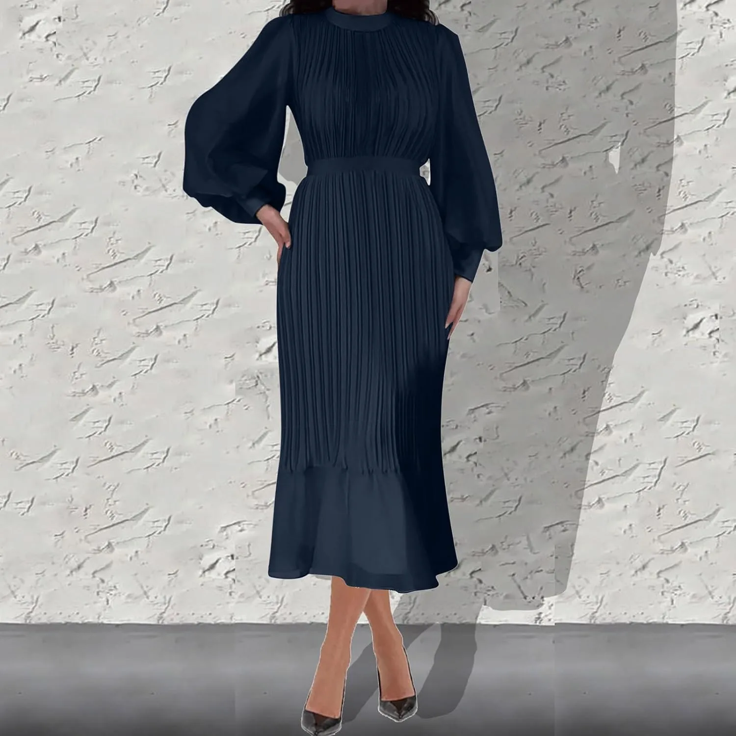 Women's Elegant Crewneck Puff Long Sleeve A-Line Dress 2024 Fall Midi Dress Pleated Skirt Fashion Flowy Dress