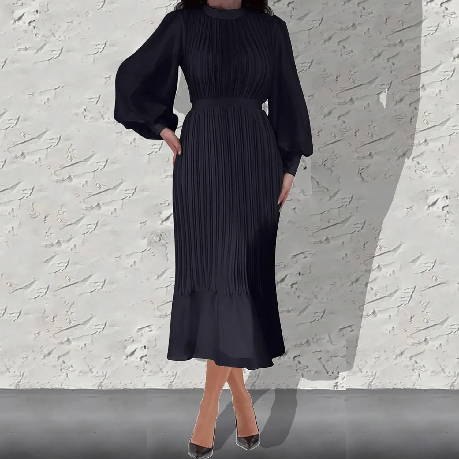 Women's Elegant Crewneck Puff Long Sleeve A-Line Dress 2024 Fall Midi Dress Pleated Skirt Fashion Flowy Dress