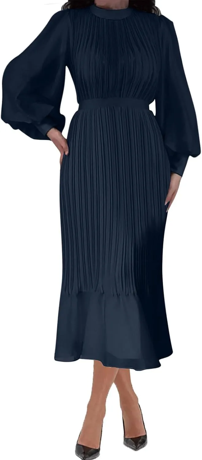 Women's Elegant Crewneck Puff Long Sleeve A-Line Dress 2024 Fall Midi Dress Pleated Skirt Fashion Flowy Dress