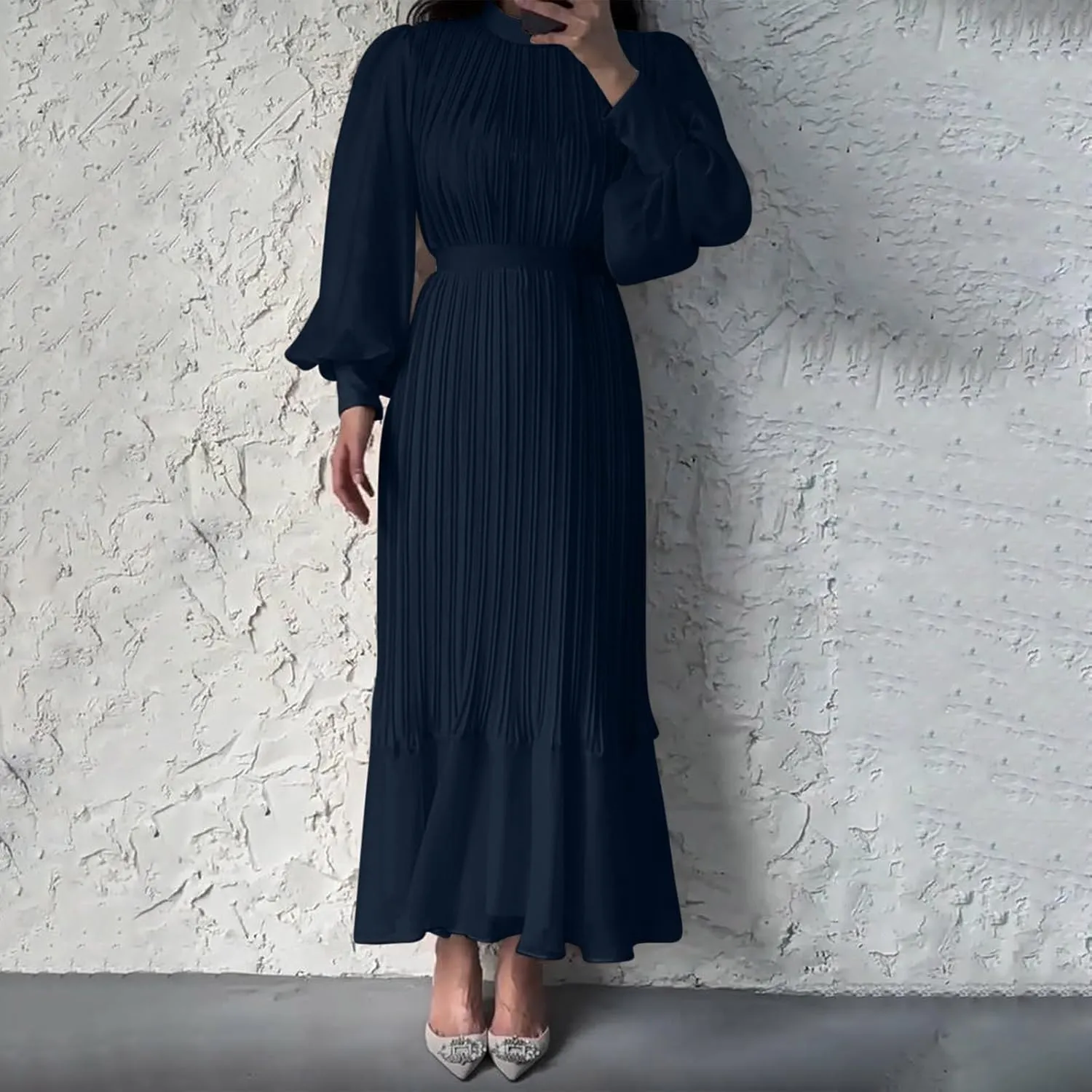 Women's Elegant Crewneck Puff Long Sleeve A-Line Dress 2024 Fall Midi Dress Pleated Skirt Fashion Flowy Dress