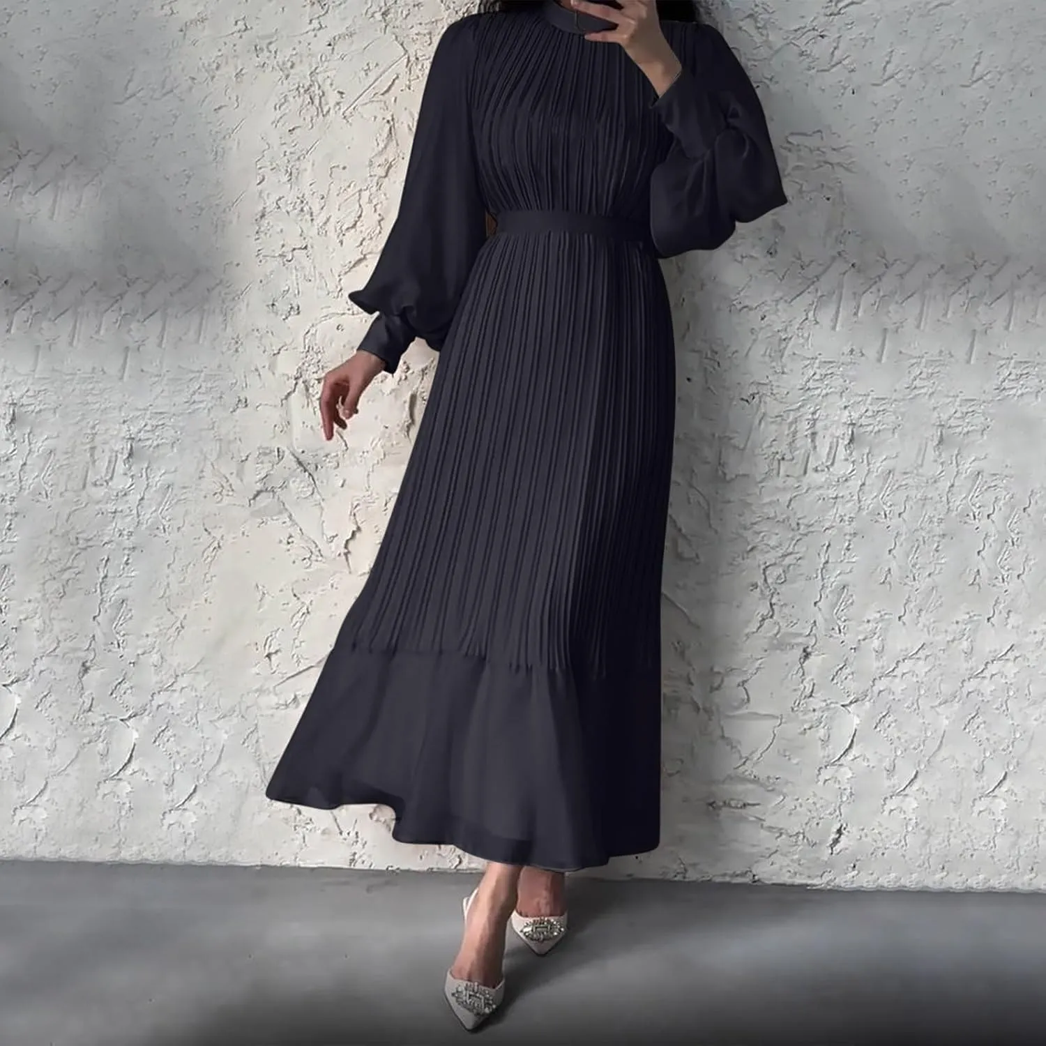 Women's Elegant Crewneck Puff Long Sleeve A-Line Dress 2024 Fall Midi Dress Pleated Skirt Fashion Flowy Dress