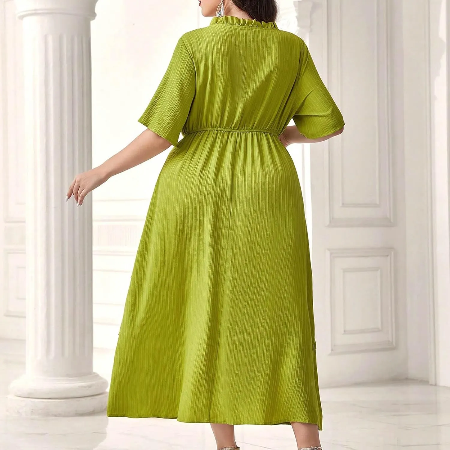 Womens Fashion Ruffle Trim Summer Dresses Casual Crewneck Button Short Sleeve Buckle Waist Midi Dress