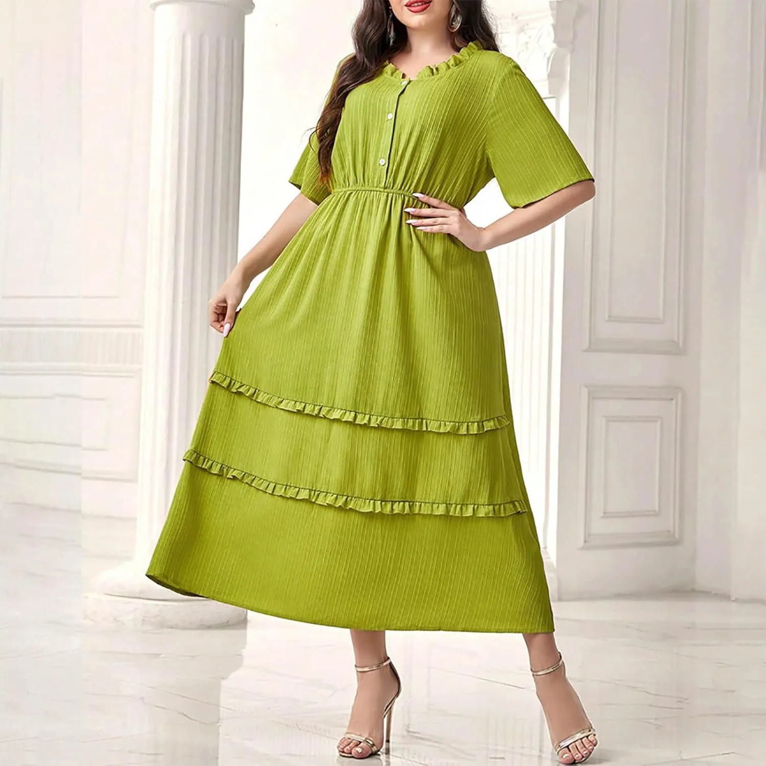 Womens Fashion Ruffle Trim Summer Dresses Casual Crewneck Button Short Sleeve Buckle Waist Midi Dress