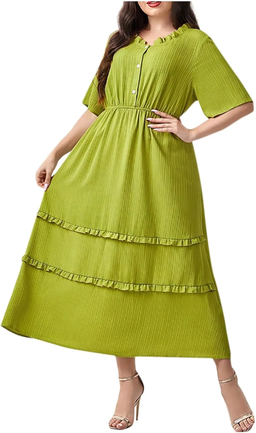 Womens Fashion Ruffle Trim Summer Dresses Casual Crewneck Button Short Sleeve Buckle Waist Midi Dress