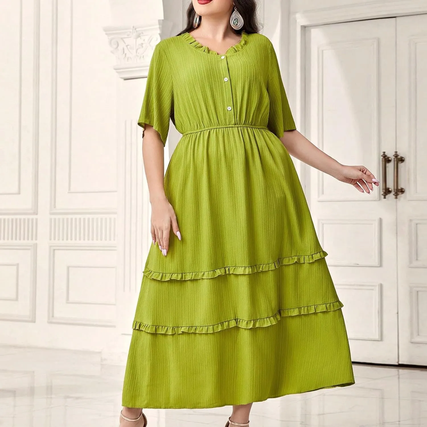 Womens Fashion Ruffle Trim Summer Dresses Casual Crewneck Button Short Sleeve Buckle Waist Midi Dress